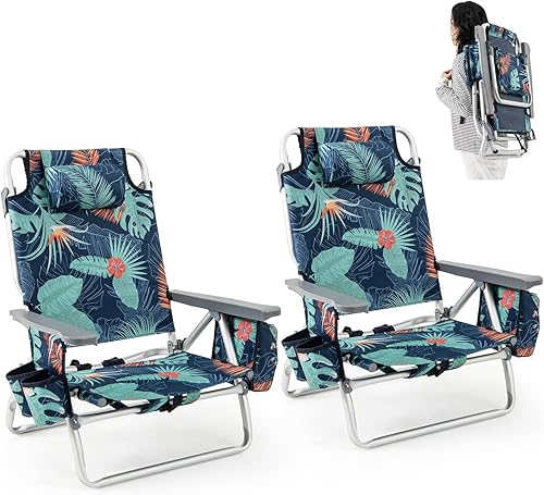 Giantex Silla de playa plegable, sillas de patio con 5 posiciones ajustables, almohada para la cabeza, bolsa de almacenamiento, toallero,