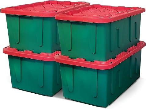 HOMZ Durabilt Plastic Storage Bins with Lids, 27 Gal, Red/Green, 4 Pack