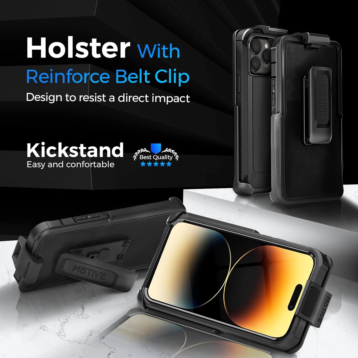 MOTIVE Designed for iPhone 14 Pro Case with Belt Clip, Protective case, Heavy Duty and Quad Layer Military Grade Protection for iPhone 14 Pro Holster, 6.1" | Black