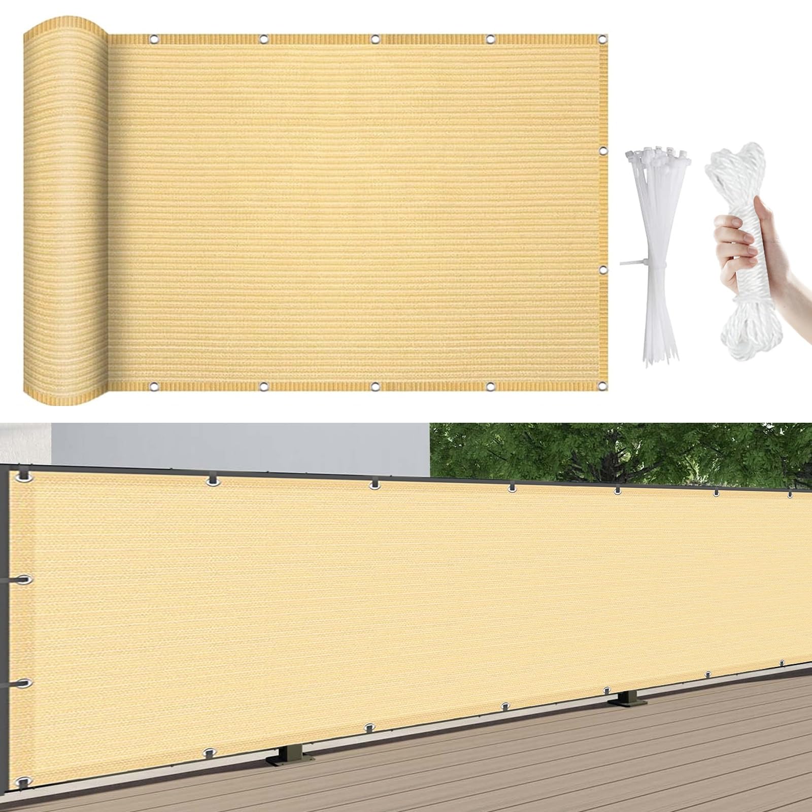 Rete Ombreggiante per Balcone 650 x 65 cm Protezione UV Resistente Al Vento, Giallo Sabbia