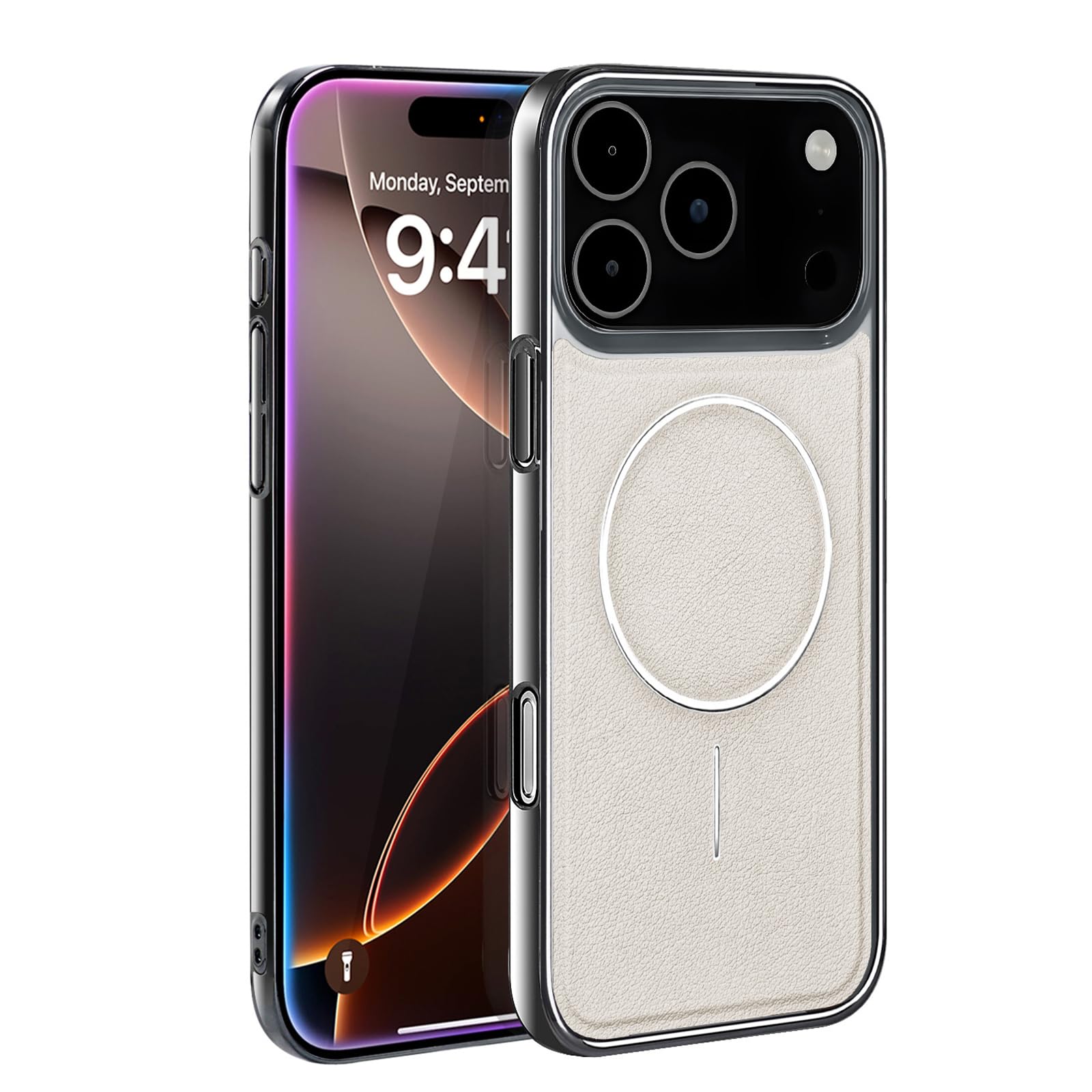 Étui prend charge sans fil iPhone 17 Pro magnétique mince en cuir blanc