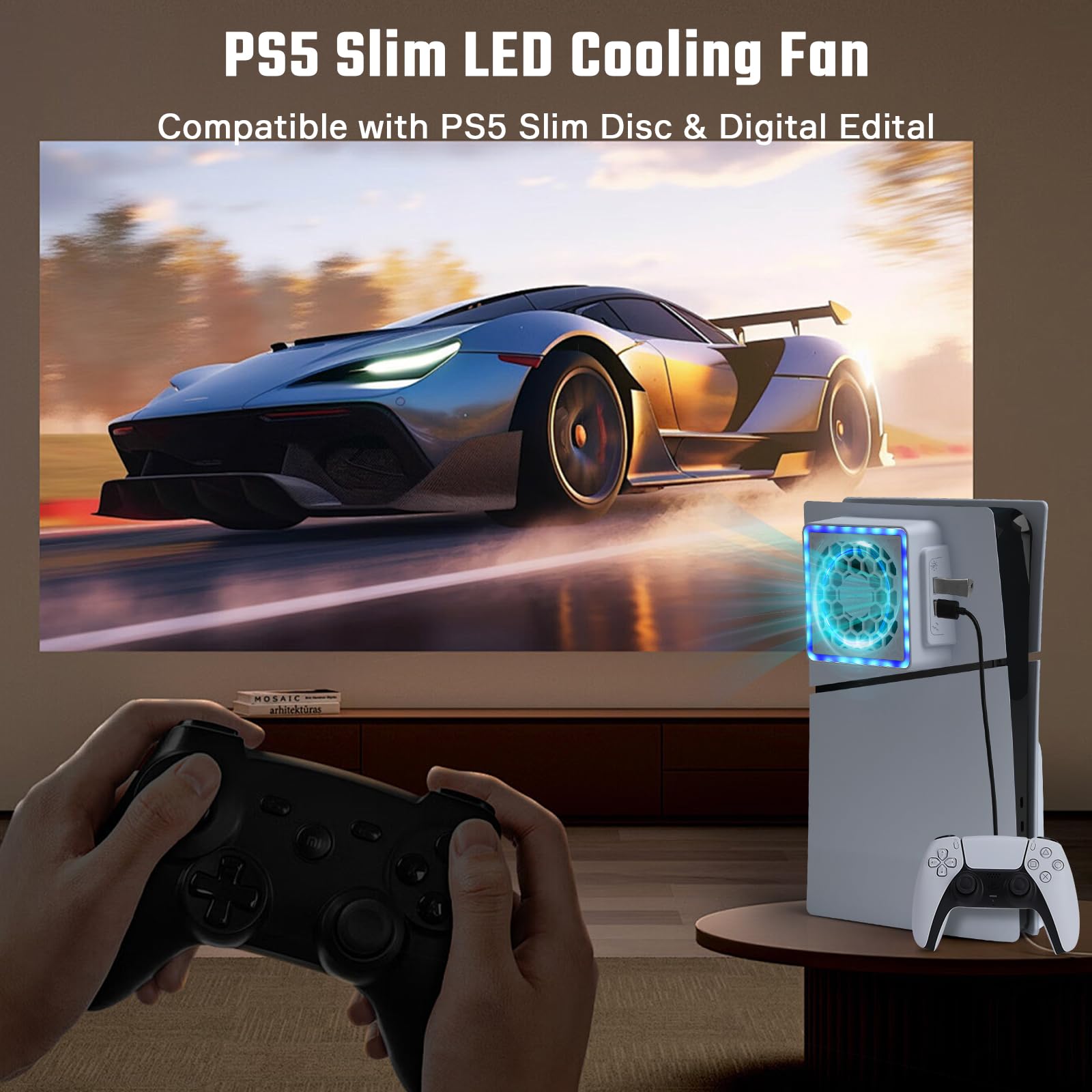 Ventilador de Refrigeración para PS5 Slim, Ventilador para PS5 Slim con 8 Modos RGB, Ajustable de 3 Velocidades, 2 Puertos USB, Estación de Refrigeración para PS5 Slim Disc & Digital Edition
