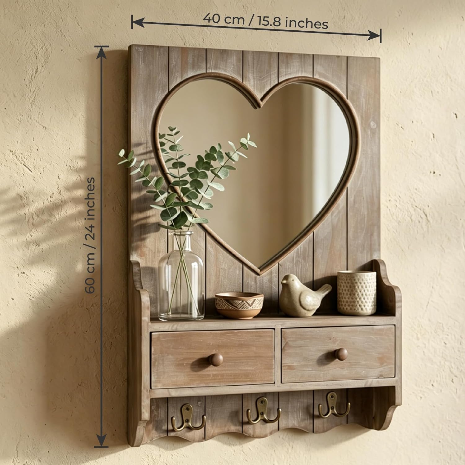 Rustic Farmhouse Wooden Entryway Mirror with Shelf and Hooks, 16"x24" Heart Shape Wood Frame Wall Mirror with Storage Drawer (Distress Brown)