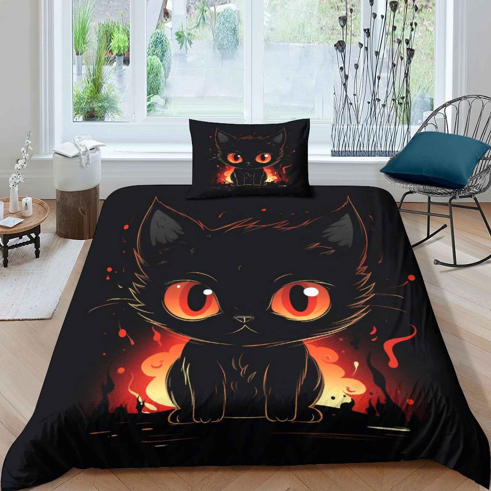 Housse de couette chat noir 3 pièces 135x200 cm avec taie d'oreiller zip