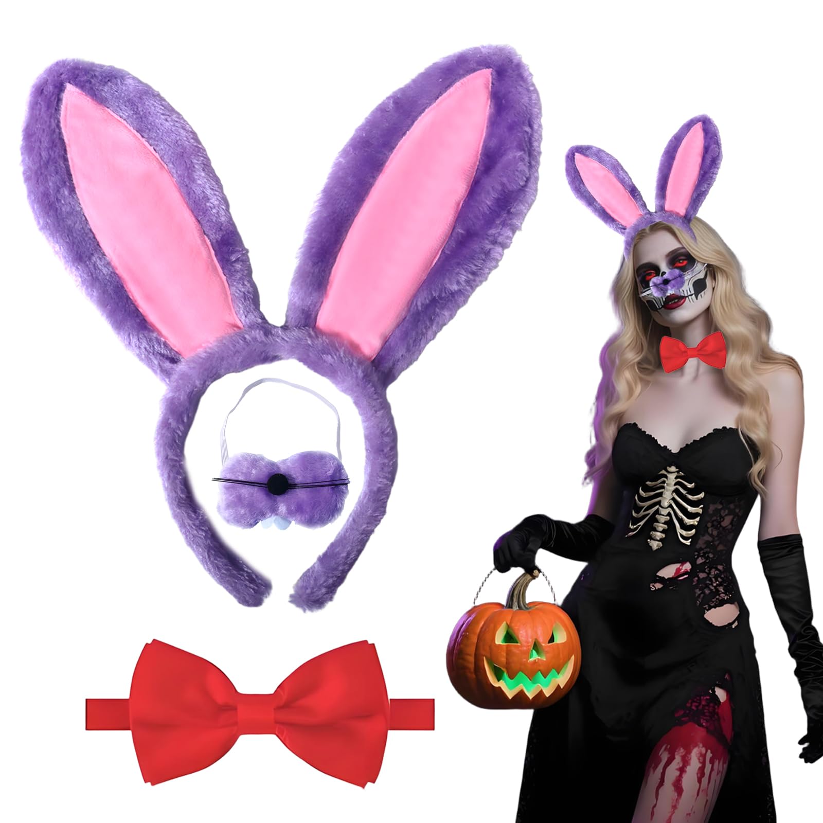 shengo Halloween Bunny Ear Headband Accessory Set 3PCS Fits Adults, Includes Bunny Mouth Cover and Bow Tie Perfect for rabbit cosplay Halloween carnivals Easter costumes