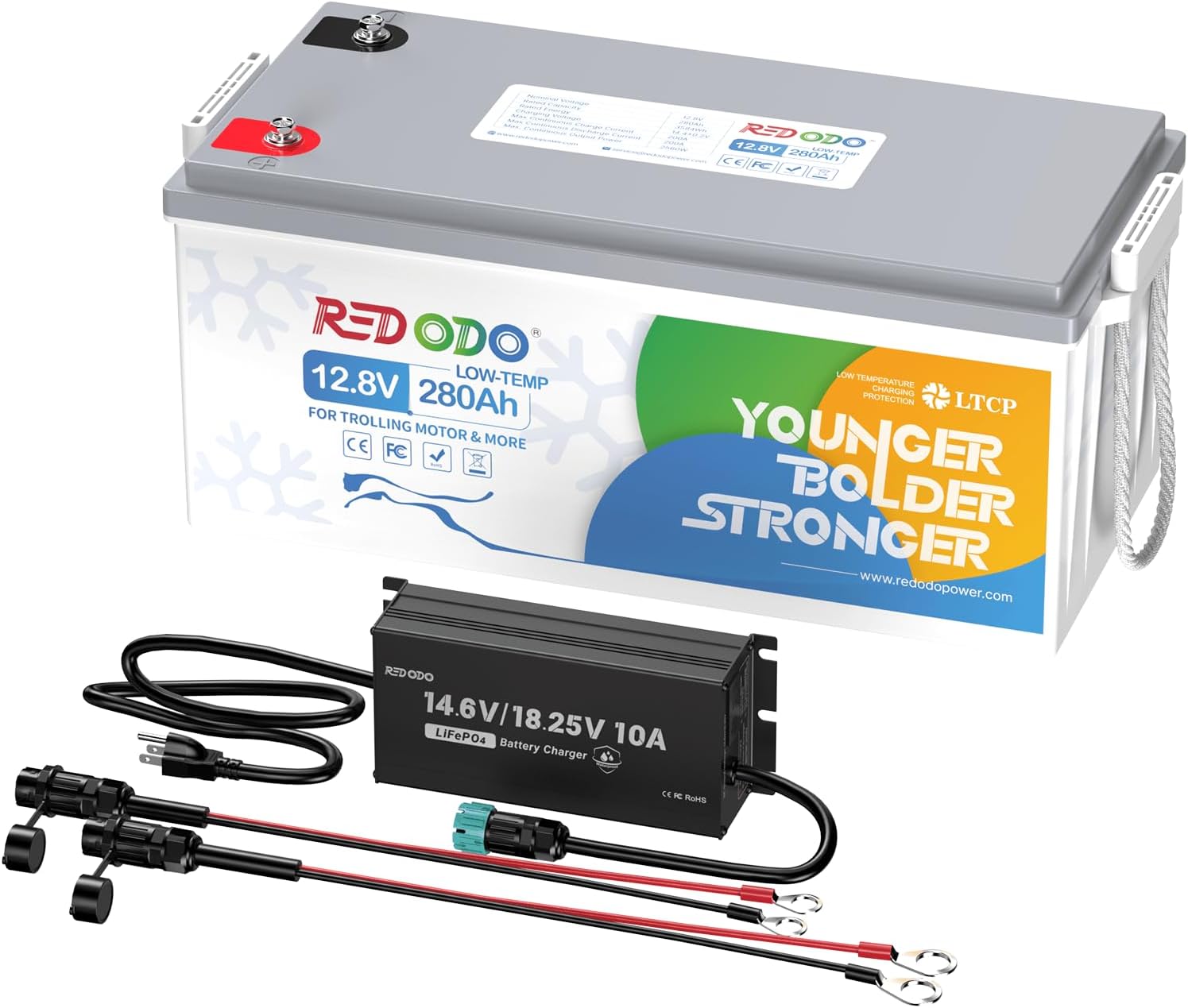 Redodo 12V 280Ah Low Temp Cutoff LiFePO4 Battery with 12V/16V 10A Charger, 3584Wh Lithium Battery with Custom BMS, Up to 4000 Cycles, Ideal for Trolling Motor, Marine, RV and Off Grid Applications