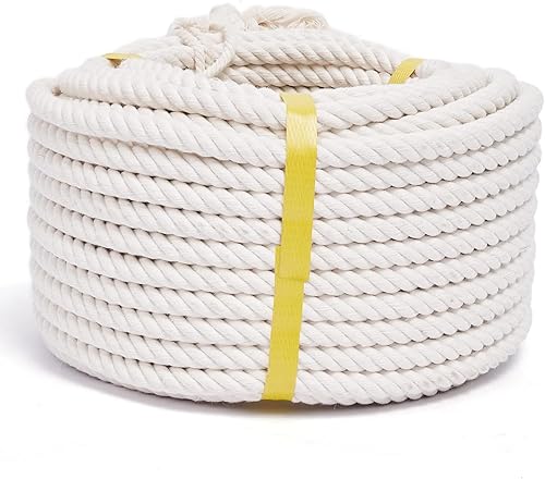 Cuerda de algodón natural para manualidades, 1/2 pulgada x 50 pies, cuerdas de algodón trenzado de 4 hebras, cuerda suave blanca gruesa natural para