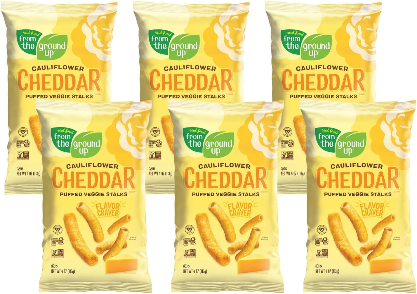 Real Food From The Ground Cauliflower Stalks - 6 Count, 4oz Bags (Cheddar)