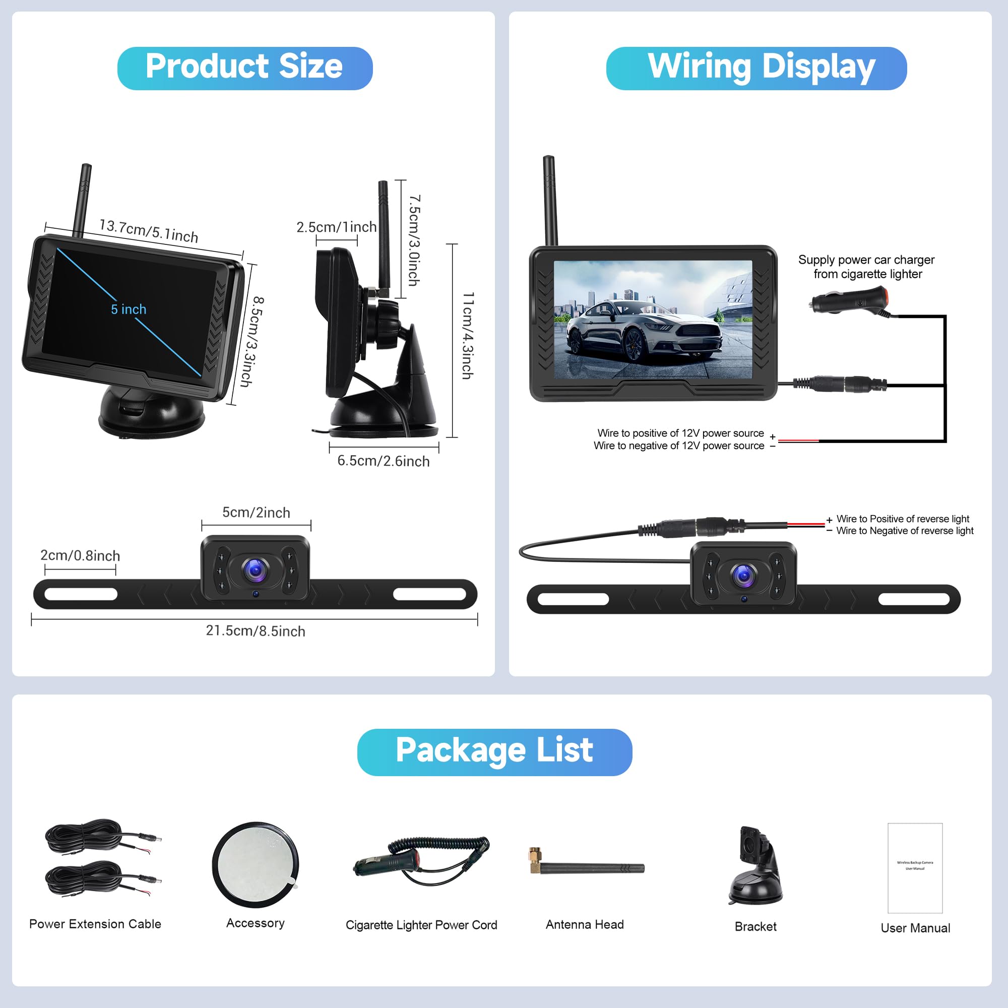 Kit Telecamera Retromarcia Auto Wireless Digitali Registrazione Video con 5 Pollici HD Monitor Telecamera Retromarcia IP69 Impermeabile Visione Notturna per Campeggio Auto Caravan Camion Rimorchi