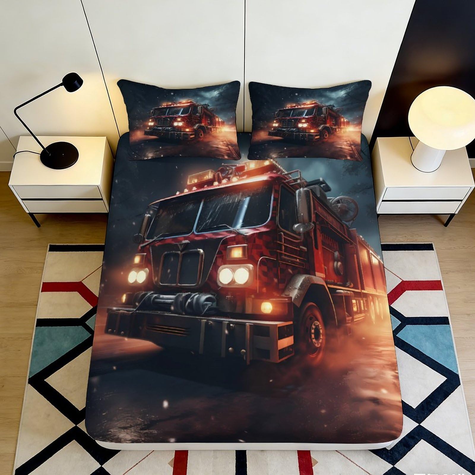 3D Printed Fire Truck Fitted Sheet Microfiber Slip-Resistant Red Vehicle Mattress Cover for Bedroom Dorm Decor 160x200x25cm