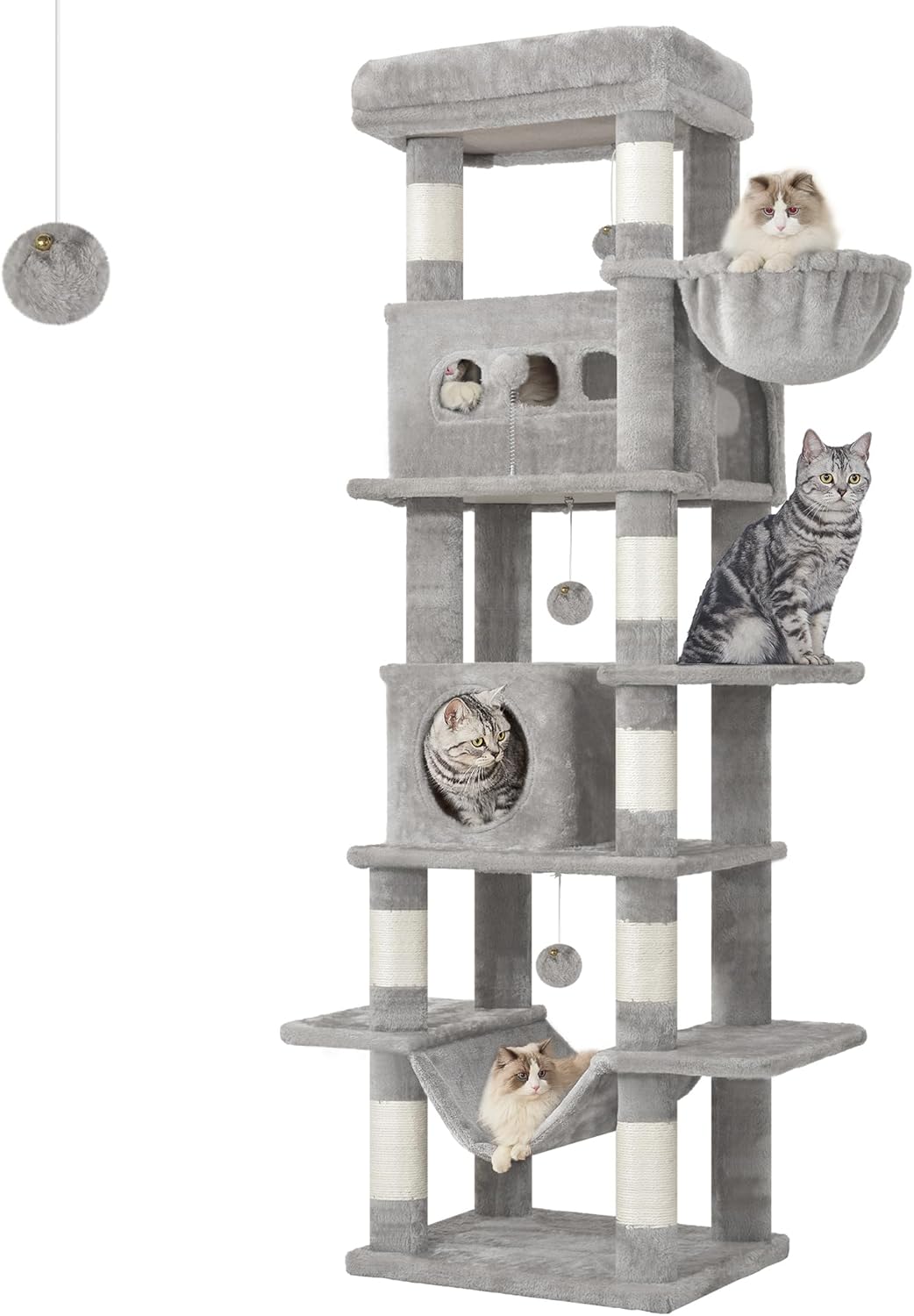 Hzuaneri Cat Tree, 66.9" Large Cat Tower for Indoor Cats, Multi-Level Cat House with Condo, 8 Scratching Posts, Hammock, 4 Pom Poms, Light Grey MS17018LG
