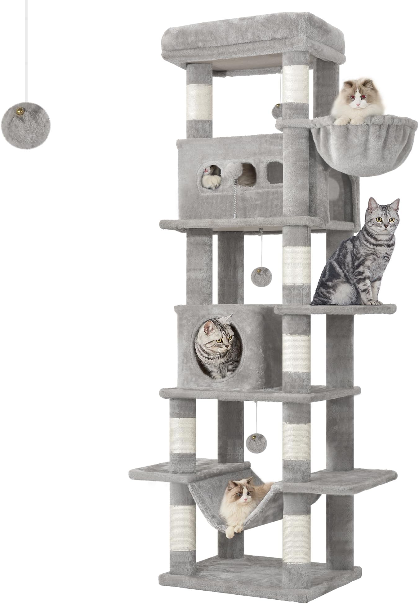 Hzuaneri Cat Tree for Indoor Cats, 170 cm Large Tall Cat Tower, Light Grey | Multi-Level Cats House with Condo, 8 Scratching Posts, Hammock, 4 Pom Poms, MS17018LG
