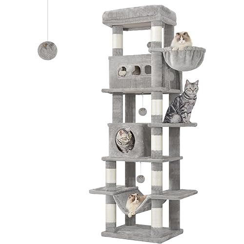 Hzuaneri Cat Tree, 66.9" Large Cat Tower for Indoor Cats, Multi-Level Cat House with Condo, 8 Scratching Posts, Hammock, 4 Pom Poms, Light Grey MS17018LG
