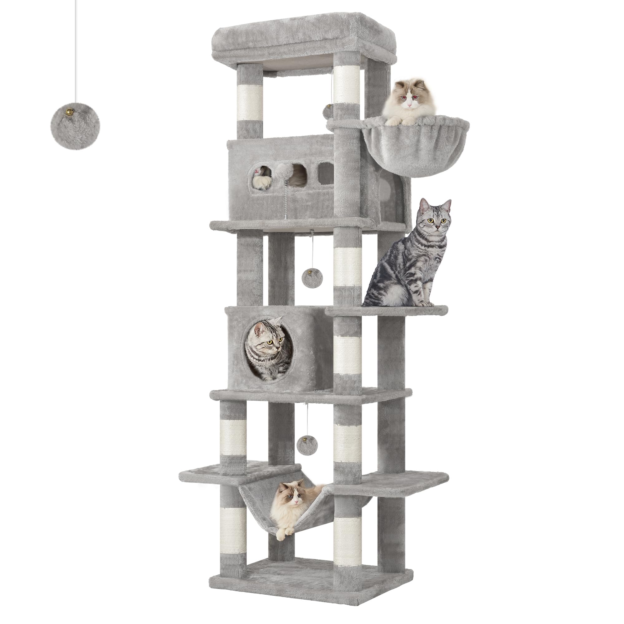 Hzuaneri 170cm Rascador para Gatos, Árbol para Gatos, 2 Cuevas, Plataforma, 1 Hamaca, 1 Cesta, 3 Pompones, L(50 x 40 x 170 cm), Gris Claro MS17018LG