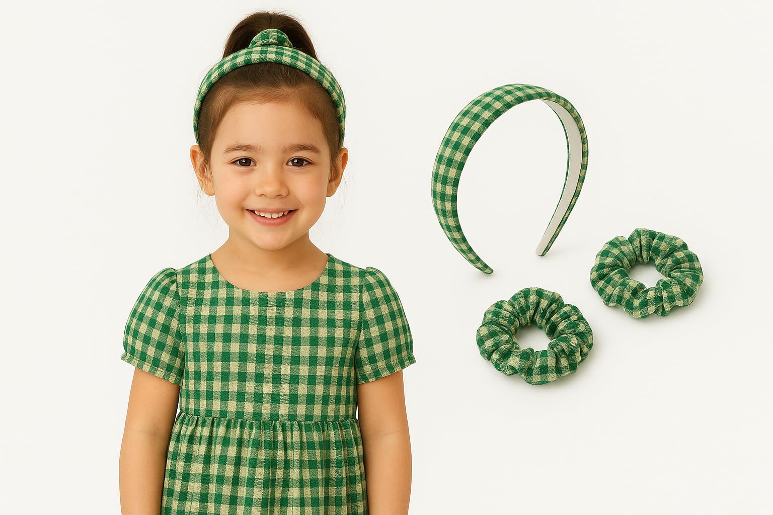 Girls Gingham Hair Set - Green School Headband & 2 Matching Scrunchies