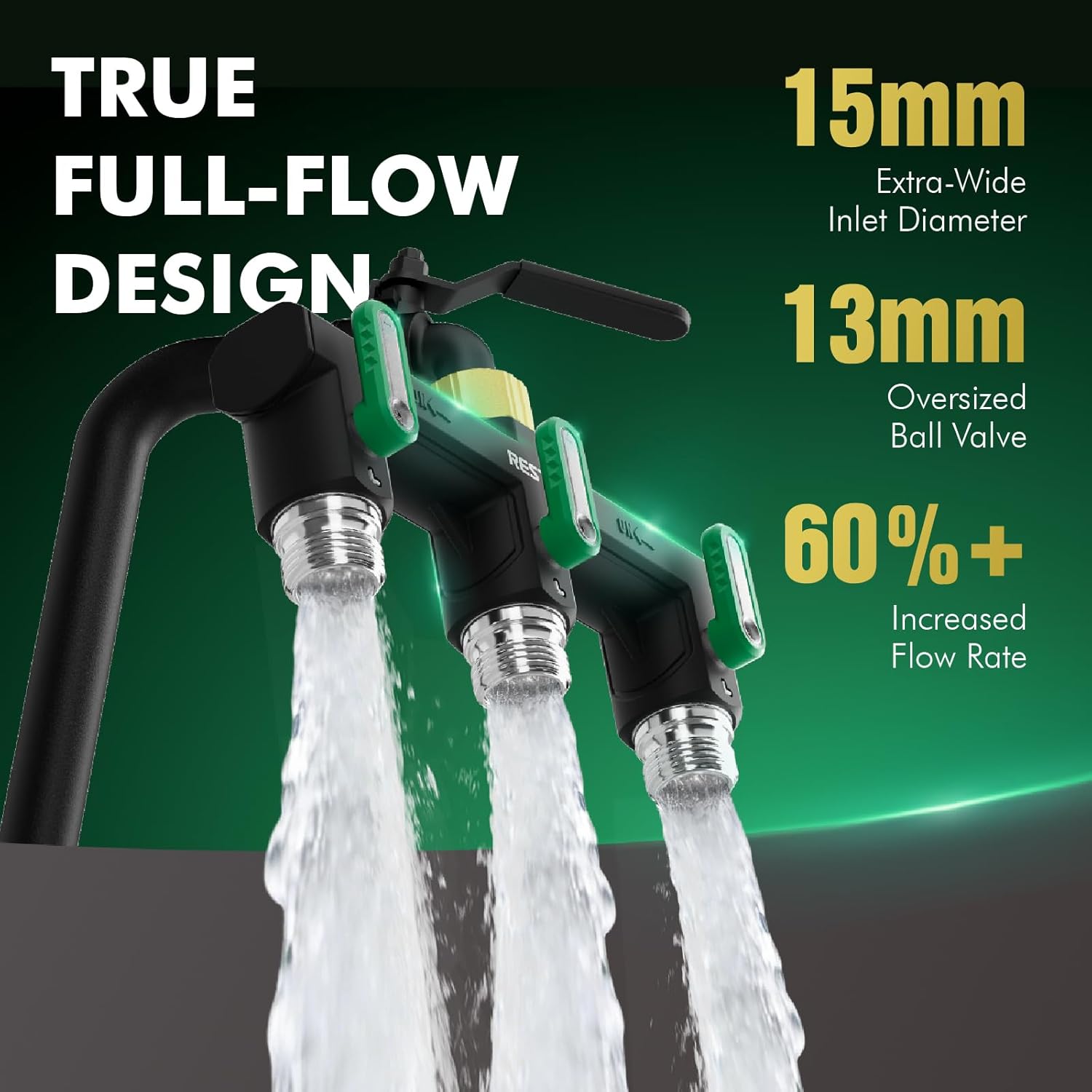 Restmo 3 Way Garden Hose Splitter Heavy Duty Full Metal Body, Full Flow Design with Oversized Ball Valve, Outdoor Faucet Spigot Adapter with Extended Levers, 3/4" GHT Thread - Green