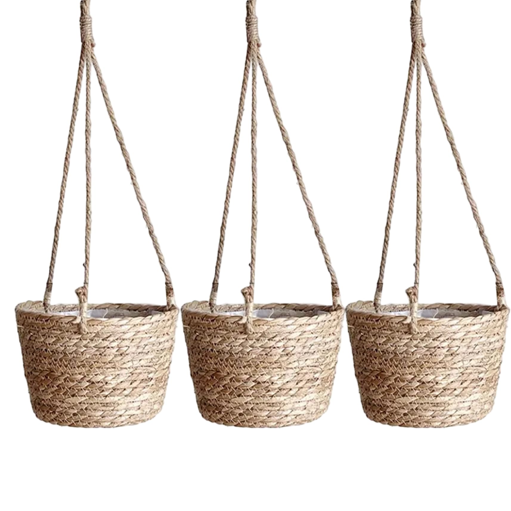 Cesta colgante de plantas de 3 piezas, cesta colgante de mimbre de 8x5 pulgadas para plantas, macetero tejido de interior con cuerda, de macetas rústicas bohemias para interiores, hogar y ofi