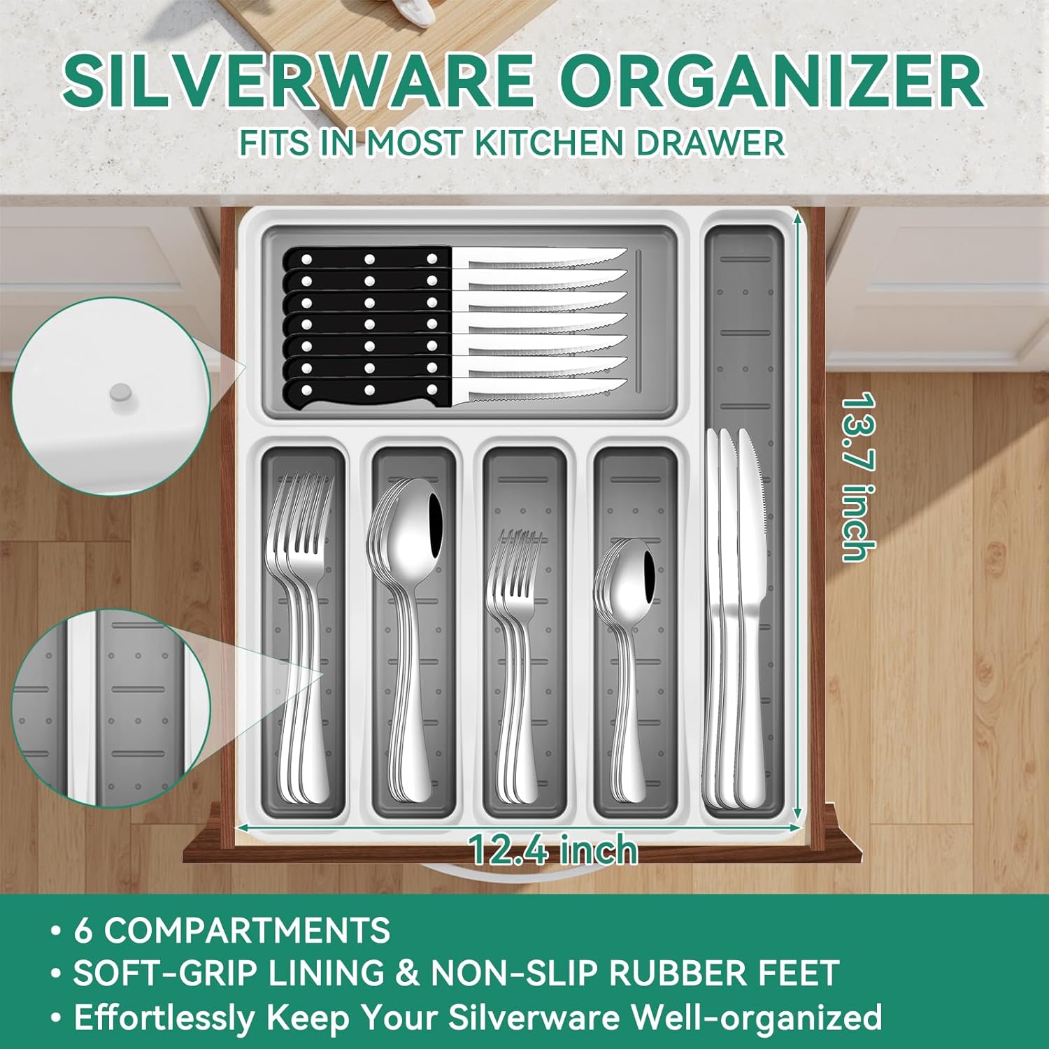 49-Piece Silverware Set with Organizer, Stainless Steel Flatware Utensils Set for 8, Forks and Spoons Silverware Set Cutlery Set with Steak Knives, Dishwasher Safe 49PCS Silver with Organizer