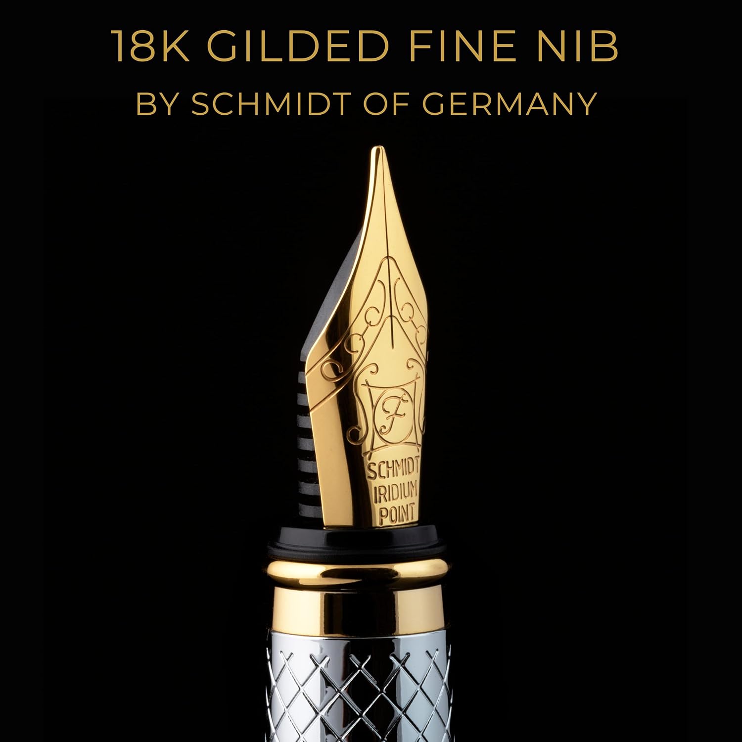 Scriveiner Silver Chrome Fountain Pen, Stunning Luxury Pen, Real Gold Plating, Schmidt Gilded Nib (Fine) - Image 4