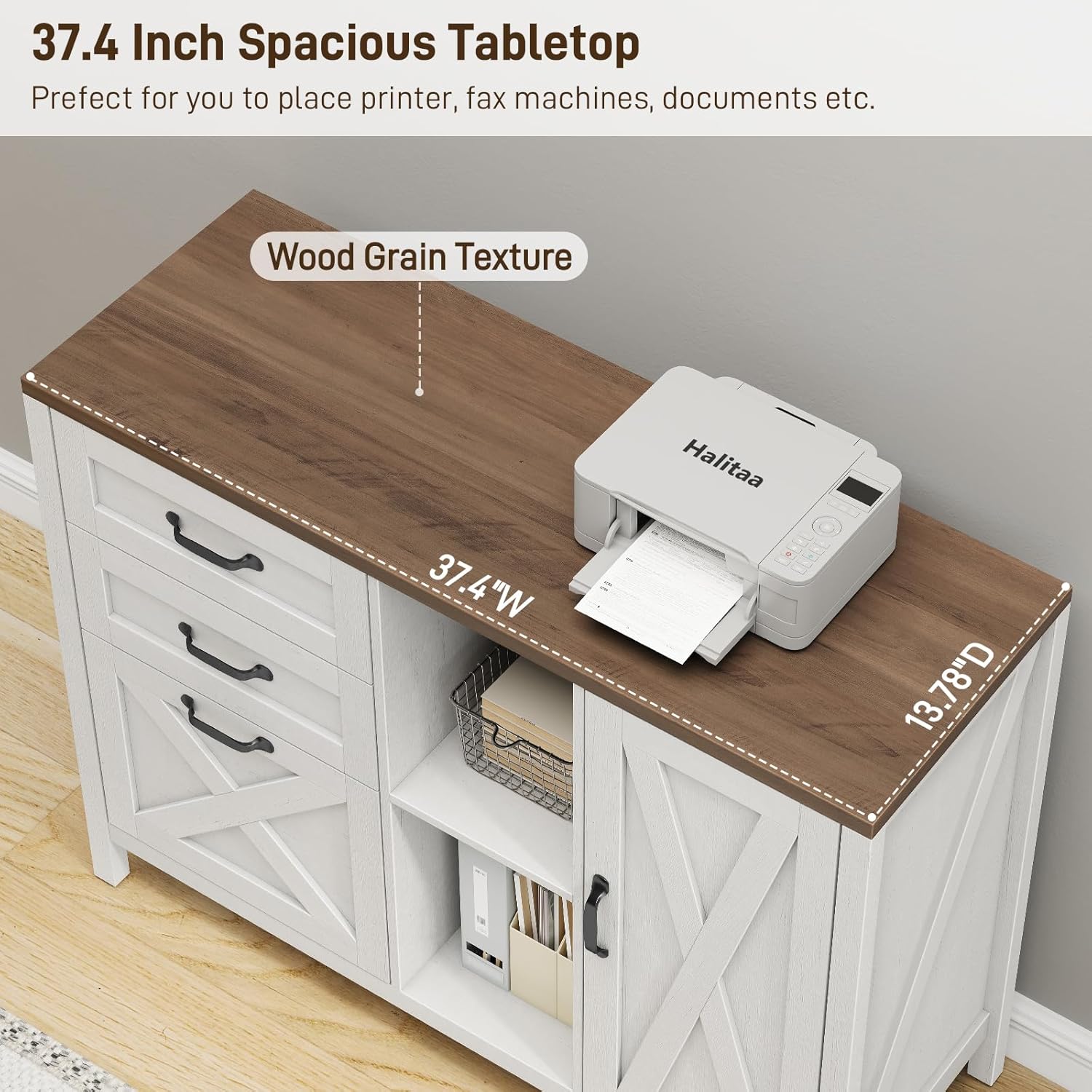 Halitaa 3 Drawer File Cabinet, Farmhouse Style Lateral Filing Cabinet Suitable for Letter or A4 Size Files, Wooden Home Office Storage with Adjustable Shelf and Printer Stand, White and Brown