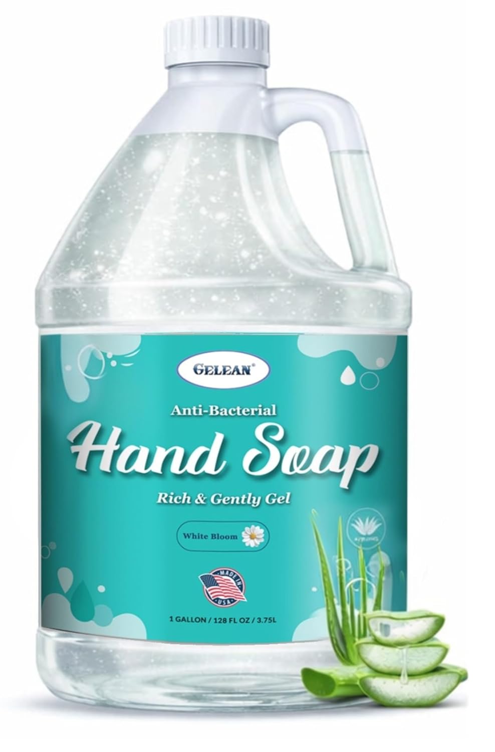 Antibacterial Liquid Gel Hand Soap - pH Balanced - Aloe Vera - White Tea Scent - Rich & Creamy Gently on Skin -Made in USA - Bulk liquid Refill Jug, 128 oz 1 gallon (128 Fl Oz, White Bloom)