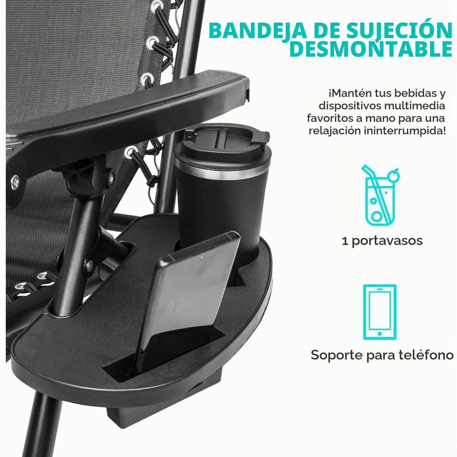 Pack 2 Tumbonas Jardin Exterior - Tumbona Plegable con Portavasos y Reposacabezas, Reclinable Sillas Jardin Exterior para Jardin, Playa, Piscina y Terraza, Negro