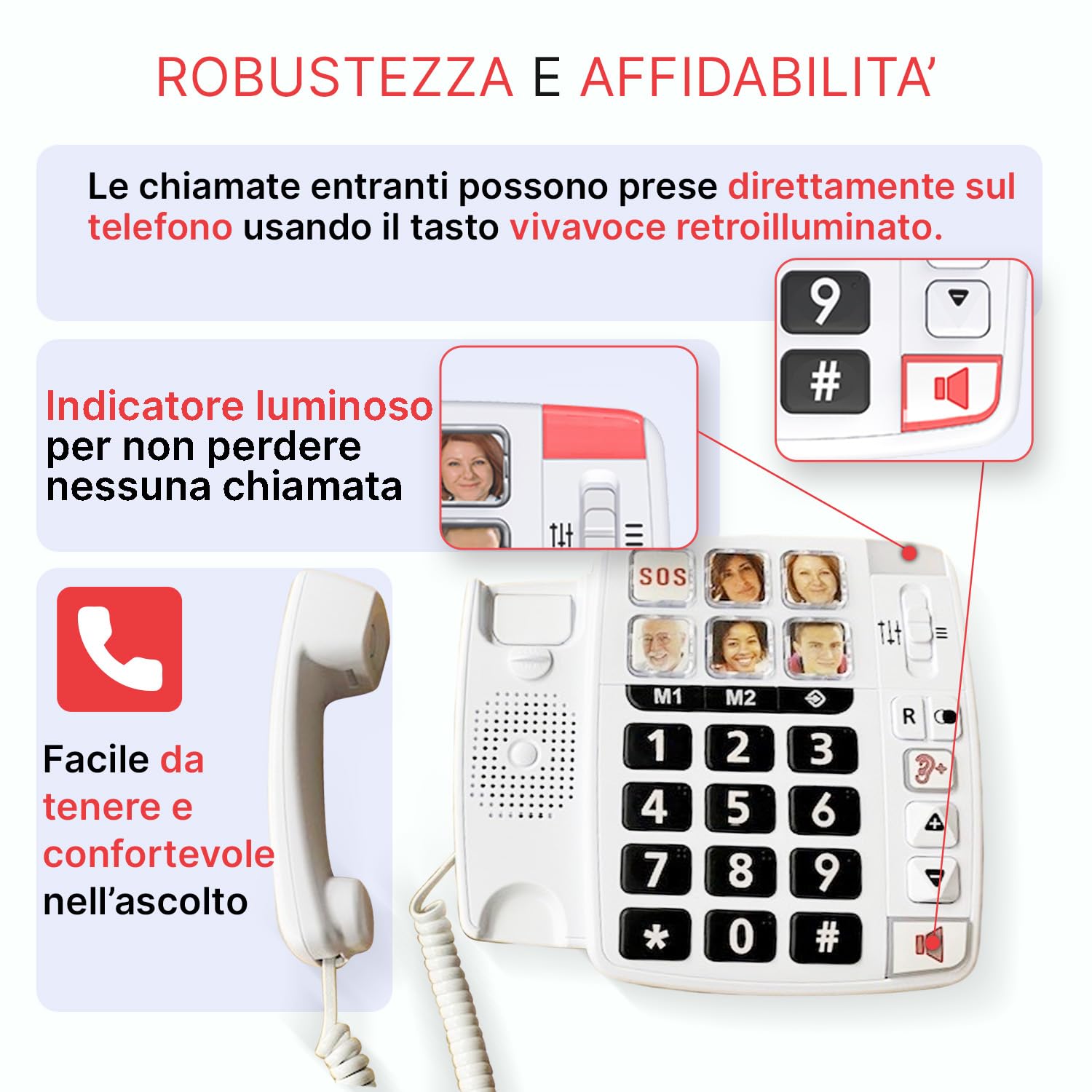 SWISSVOICE - Xtra 1110 - Telefono fisso con filo per anziani - Tasti grandi - 6 tasti di memoria con foto - Suonerie extra forti - Indicatore luminoso - Audio Boost - Compatibile apparecchi acustici