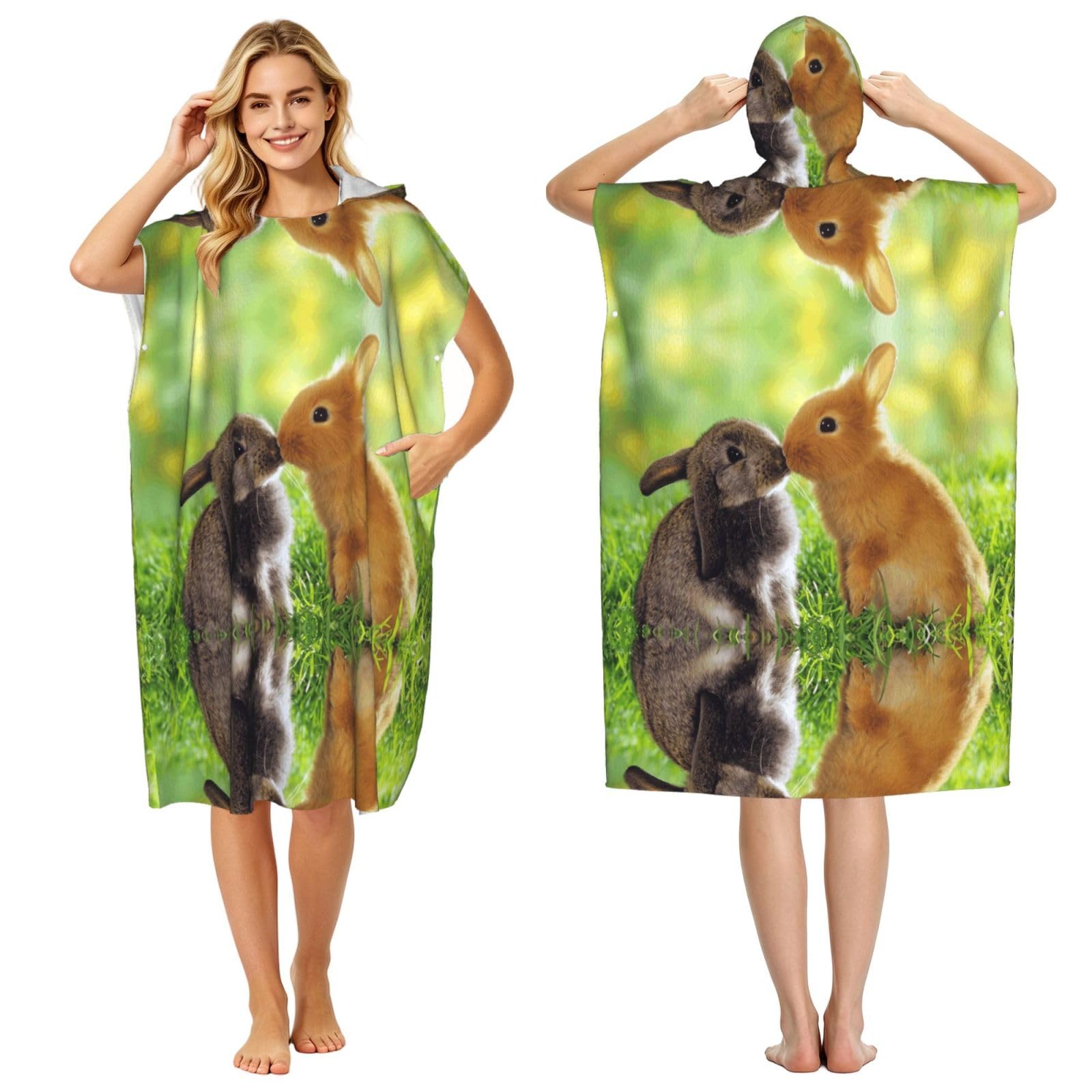 ESNAIUVCD Rabbit Love Print Changing Robe, Hooded Towel Poncho For Swimming Pool, Beach,Quick Dry & Light Weight Towelling Poncho For Adults Women Men