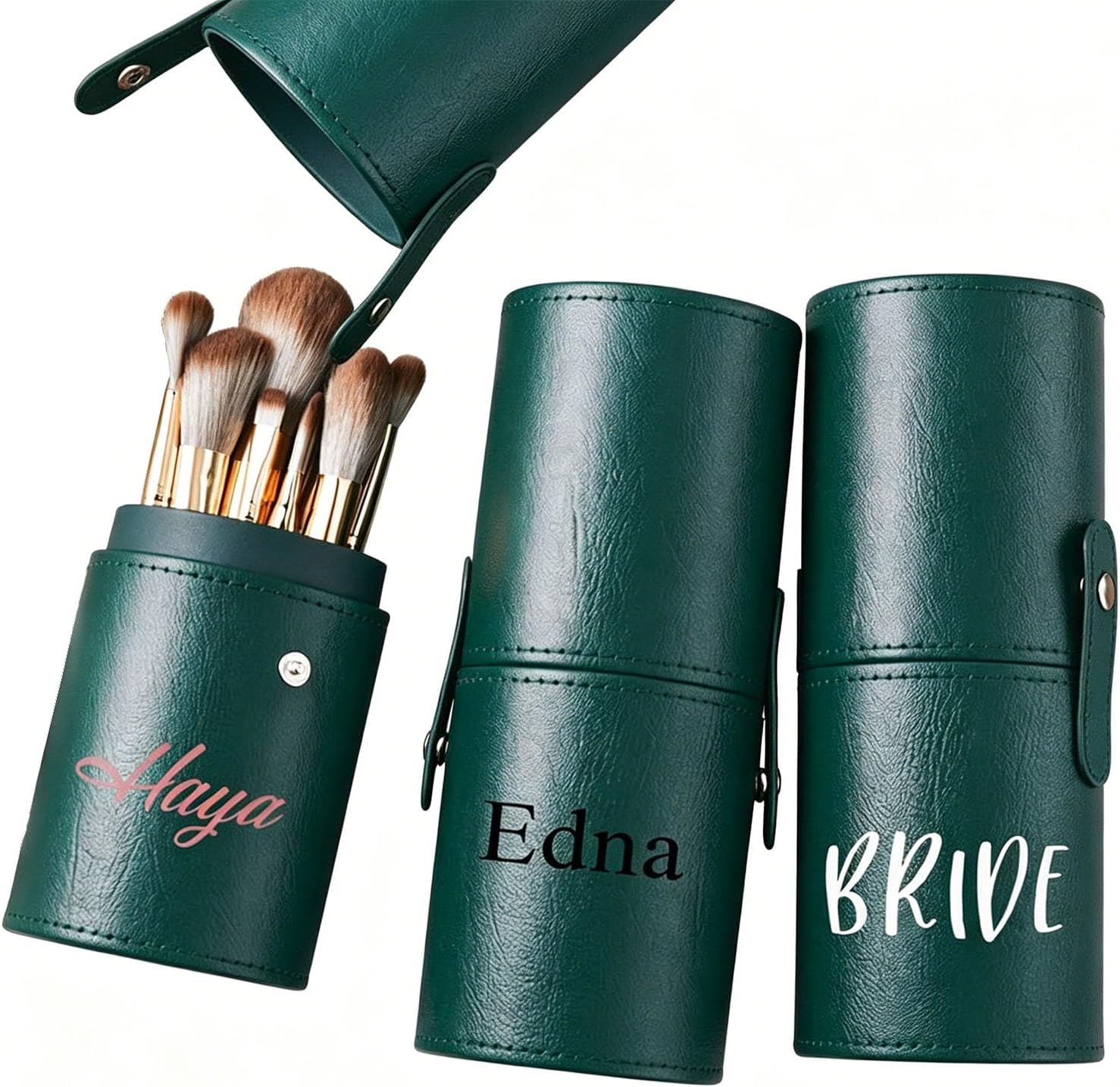 Personalized Makeup Brush Holder, Customized Name Leather Organizer with Lid, Travel Makeup Brush Case With Text, Covered Makeup Brushes Round Organizer for Women Wife Mom Best Friend, 5 Colors