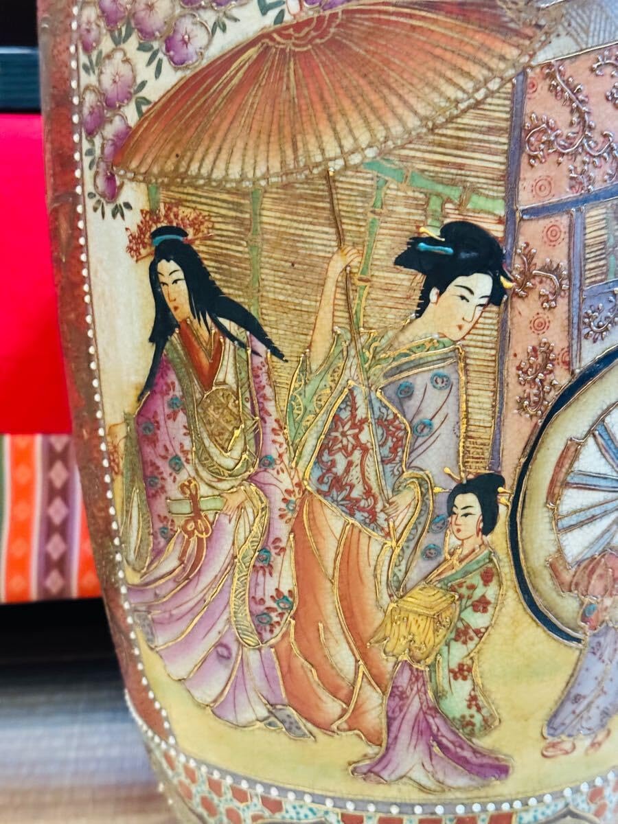 薩摩焼 特大78cm 花瓶 金彩色絵 飾壺 大壷 金襴手 美人画 中国古玩