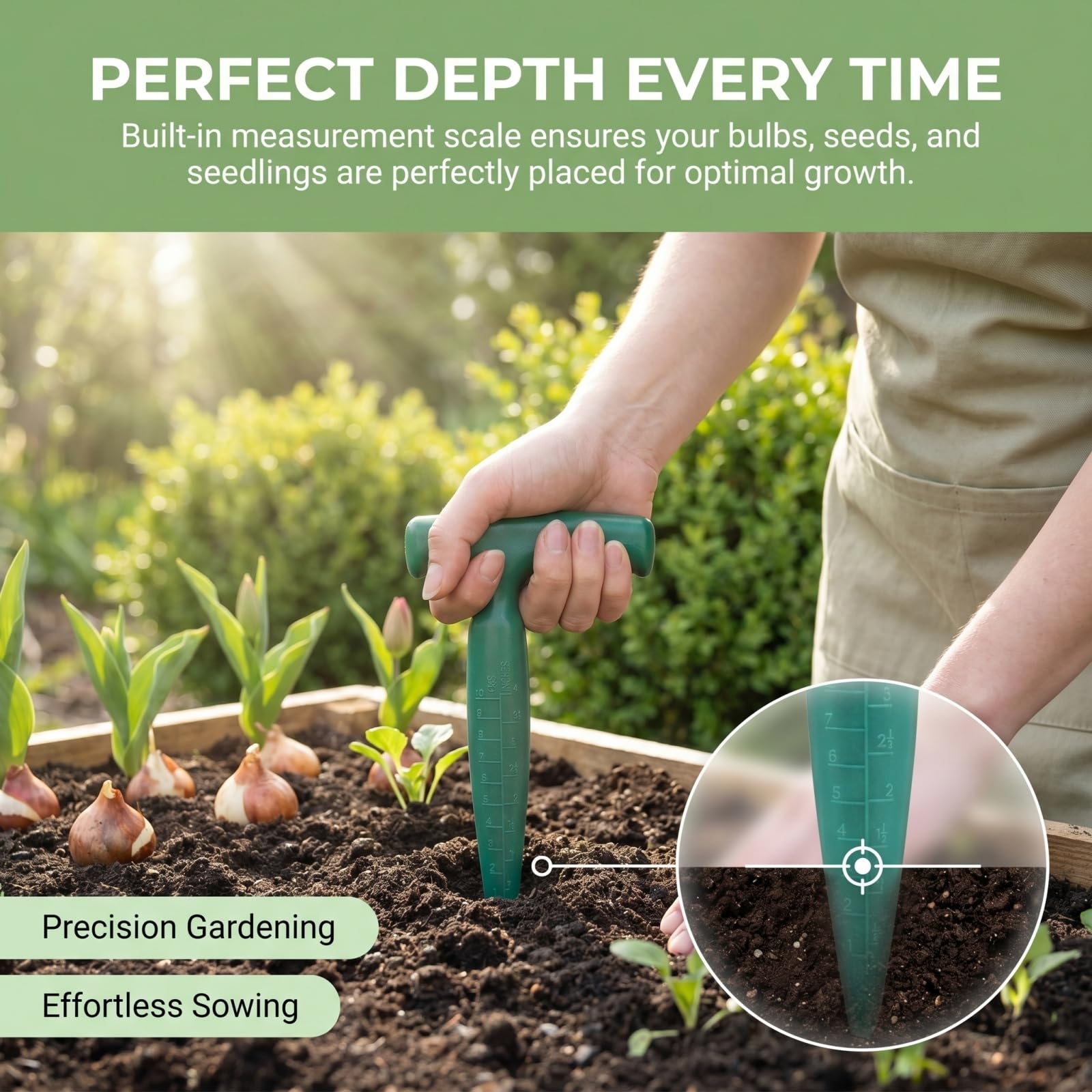Plantoir à Bulbes avec Poignée en T Ergonomique, Plantoir Jardinage Manuel avec Mesure de Profondeur, Outil de Jardinage pour Bulbes, Semis, Fleurs & Légumes, Outil à Bulbes