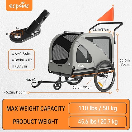 Miniatura 3 de Sepnine Remolque de bicicleta para perros, soporta hasta 110 libras, carrito de cochecito de mascotas 2 en 1, marco de carrito plegable fácil con
