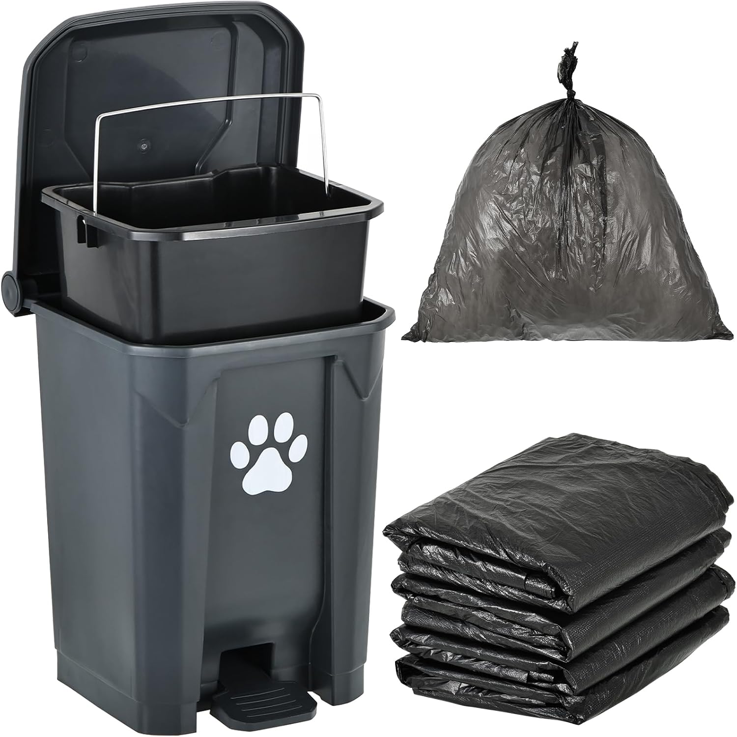 Dog Poop Trash Can Outside, 20L Outdoor Pet Waste Bin with Removable Inner Bucket & 200 Bags, Waterproof Dog Waste Container, Odor Control Poop Disposal for Backyard, Patio, Garden & Lawn