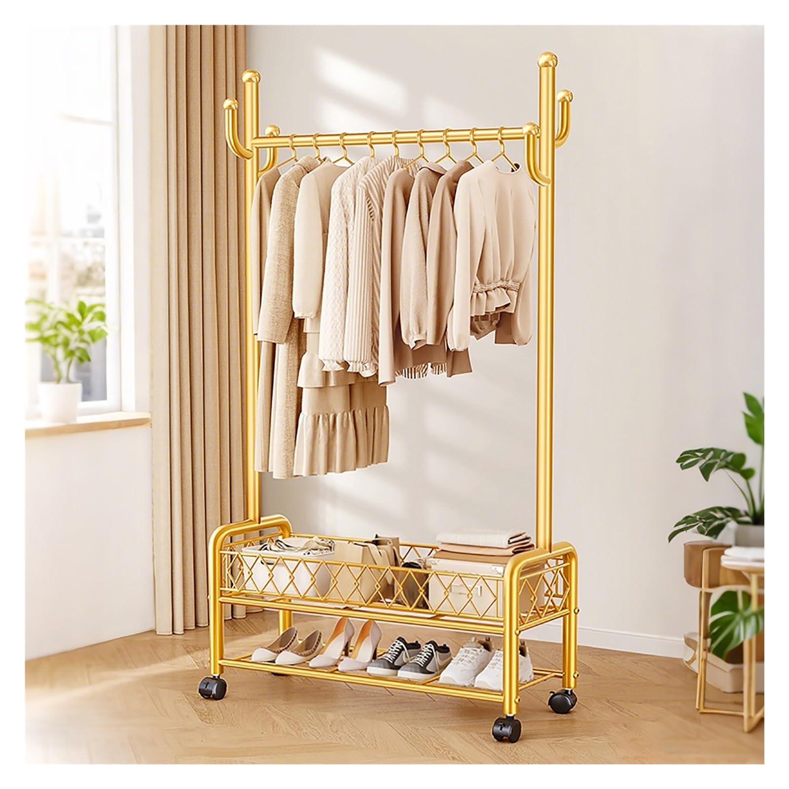 Lshtshf-ou Heavy Duty Clothes Rack With Wheels Garment With Storage Shelves Rolling Clothing Racks Portable Organizer Wardrobe(Gold,60cm/23.6in)