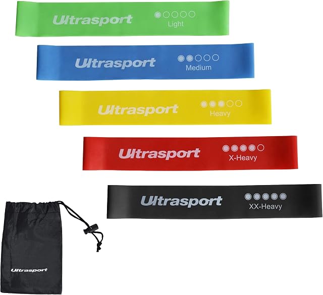 Ultrasport Taśmy oporowe 5-częściowy zestaw taśm gimnastycznych do zróżnicowanego treningu fitness, Theraband do wzmocnienia mięśni, przyjazny dla skóry naturalny lateks, kodowanie kolorów