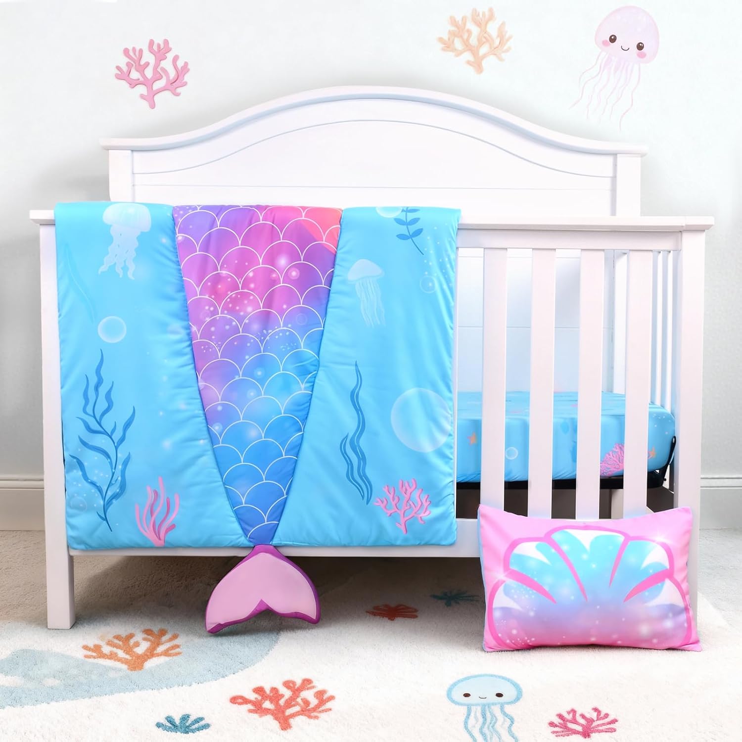 UOMNY Crib Bedding Set for Girls-3 Piece Mermaid Baby Girl Crib Bedding Sets with Baby Comforter Crib Sheet Pillowcase,Nursery Bedding Set