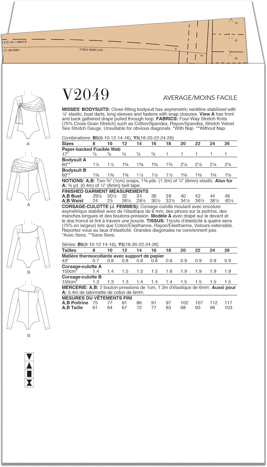 Vogue V2049Y5 Misses' Close-Fitting Bodysuits Sewing Pattern Packet, Design Code V2049, Sizes 18-20-22-24-26