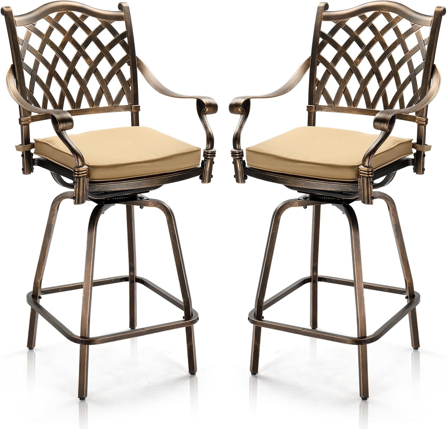 VINGLI Outdoor Swivel Bar Stools Set of 2, Cast Aluminum Patio Bar Height Chair, All-Weather Bar Dining Chairs Outdoor Swivel Chairs Furniture (Grid Back)