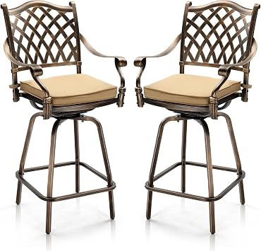 2 Piece Cast Aluminum Patio Bar Height Chairs,Outdoor Swivel Bar Stools Set,All-Weather Bars Dining Chair,Outdoor Furniture Swivel Chairs,with Cushion,for Outside Porch Lawn Yard Balcony Bronze