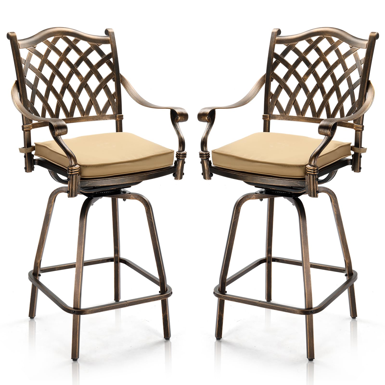 VINGLI Outdoor Swivel Bar Stools Set of 2, Cast Aluminum Patio Bar Height Chair, All-Weather Bar Dining Chairs Outdoor Swivel Chairs Furniture (Grid