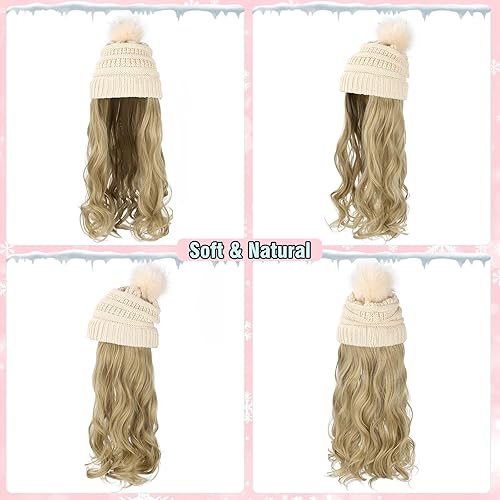 Miniatura 3 de Lansigreen Gorro con peluca, gorro con cabello, extensiones largas y onduladas, gorro de punto con pompones, 20 pulgadas, sintético, extraíble, para