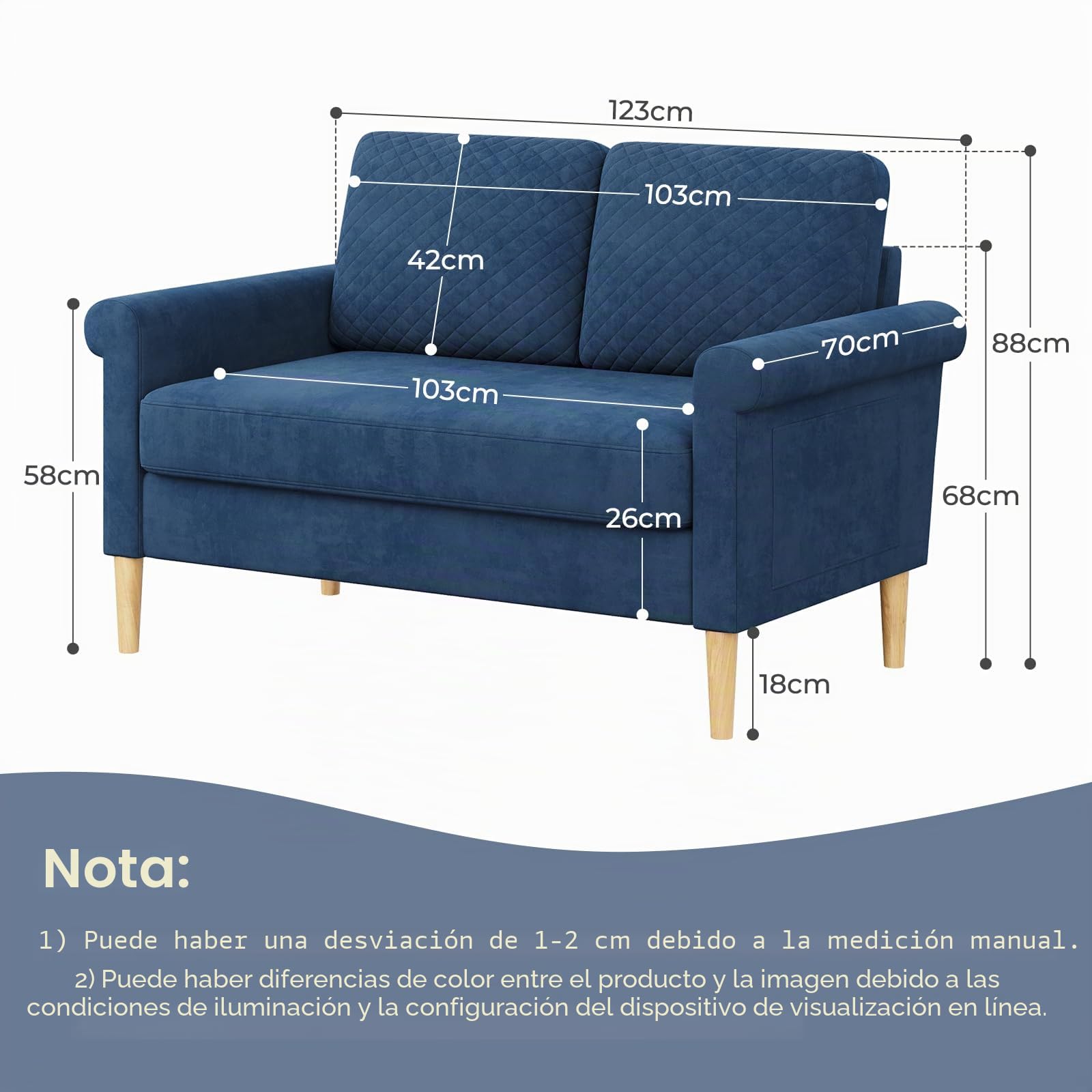 Vesgantti Sofá Pequeño de Tela de 2 Plazas, con Bolsillos de Almacenamiento en Ambos Lados - Mini Sofá Acolchado Salón u Oficina, Montaje sin Herramientas - 123 x 70 x 88 cm, Azul