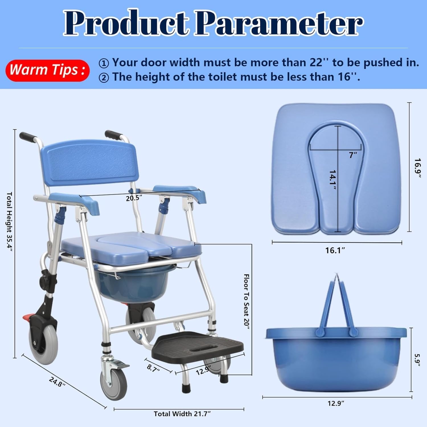 4-in-1 Bedside Commode Shower Wheelchair, Folding Shower Commode Chair for Toilet with Arms, Padded Rolling Shower Chair with Locking Wheels, Mobile Toilet Chair with Bucket for Seniors