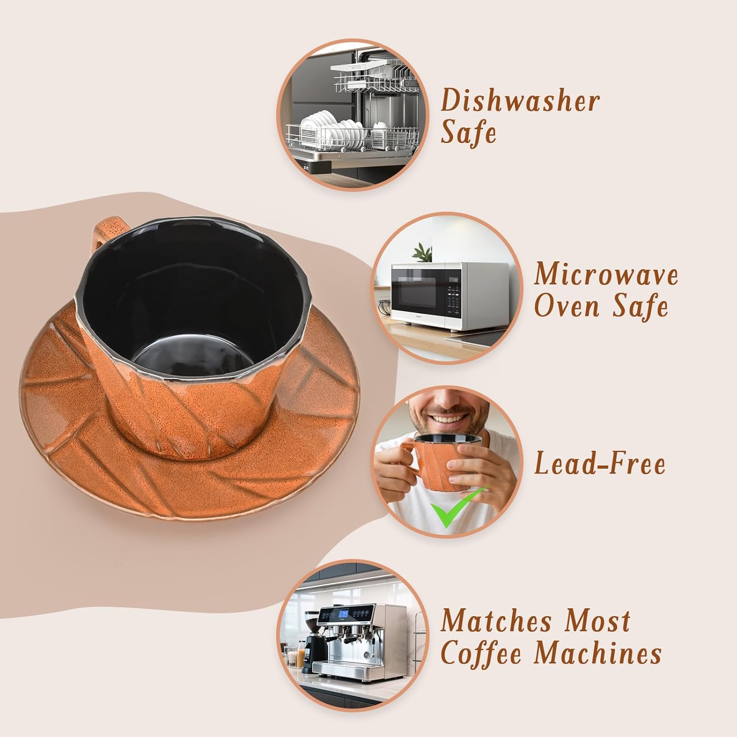 Ceramic Espresso Cups with Saucers 6 oz,Coffe Cups for Cappuccino,Latte,Tea with Saucers Set of 4 - Geometry - Brown