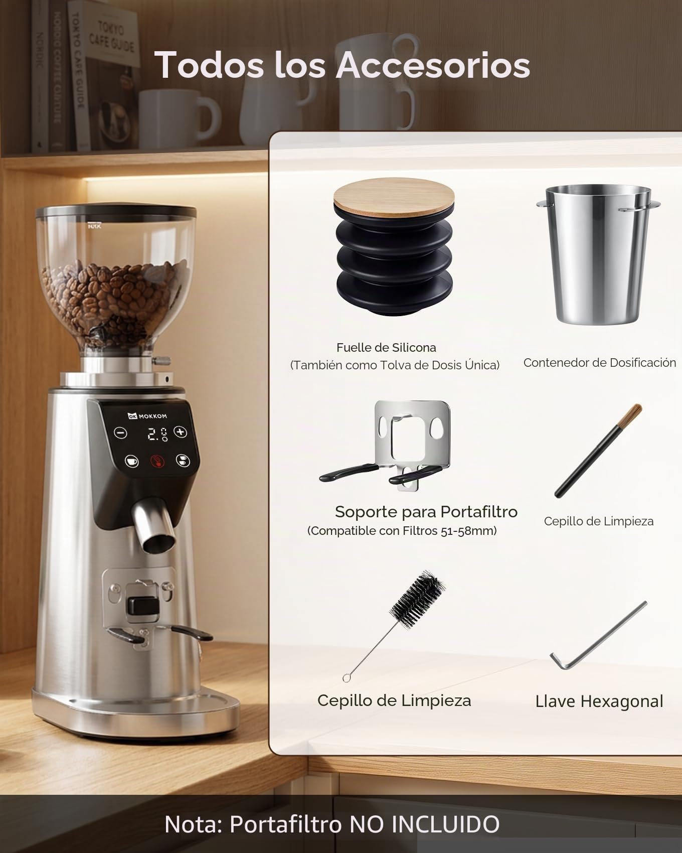 MOKKOM - Molinillo de café profesional de rebabas planas de 64 mm con 100 ajustes de molienda, cuerpo de acero inoxidable totalmente metálico, molinillo de granos de café con temporizador electrónico