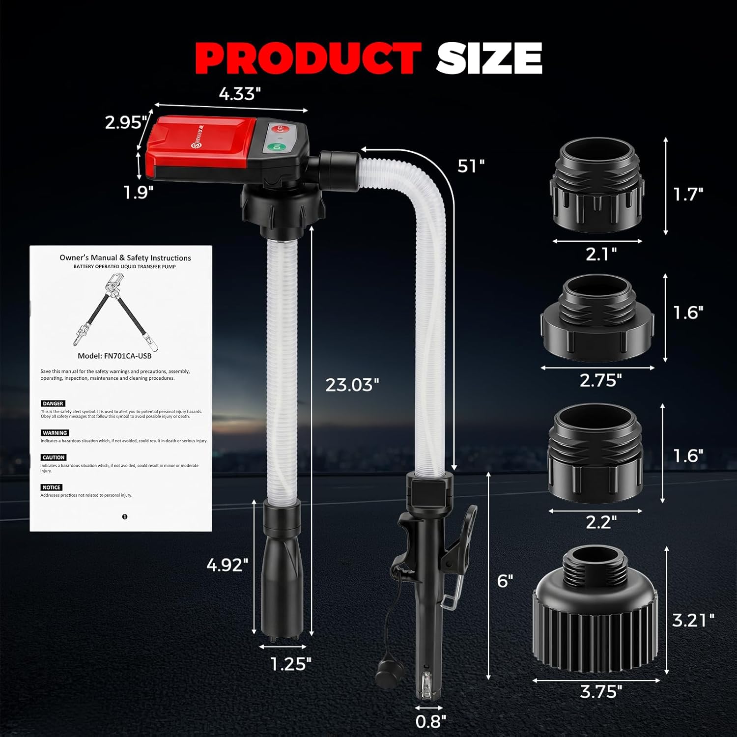 Electric Fuel Transfer Pump Siphon Pump for Gasoline, Fuel, Diesel, Water Transfer, 3.8GPM Gas Can Pump with Auto-Stop, 4 Size Tank Adapters, Battery & USB Powered, Leak-proof Portable Fuel Pump