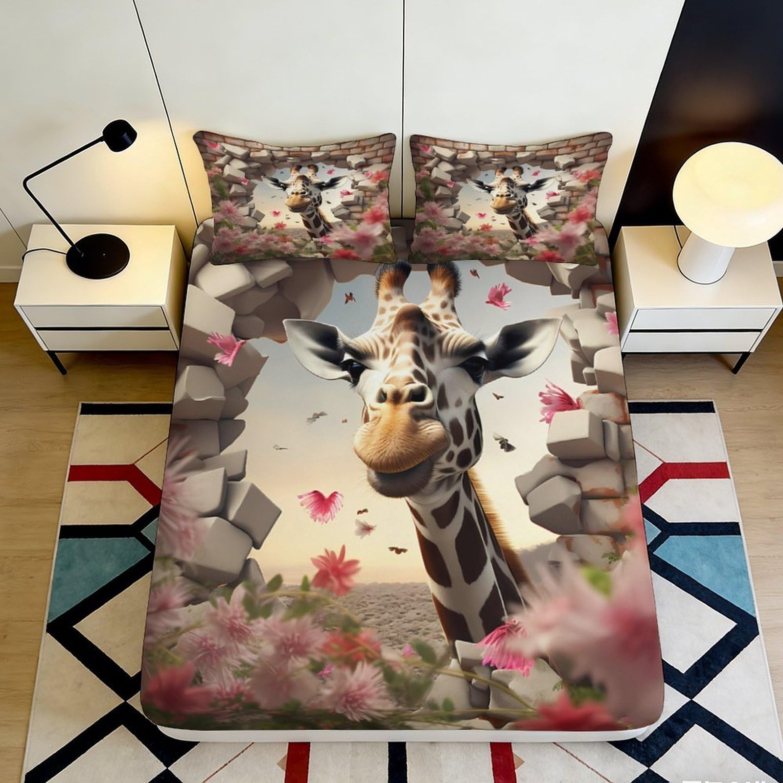 3D Printed Giraffe Fitted Sheet Microfiber Bedroom Set Giraffe Mattress Fitted Cover Deep Pocket Non-Slip Full Wrap Washable for Adults Teens 90x200x25cm 90x200x25cm