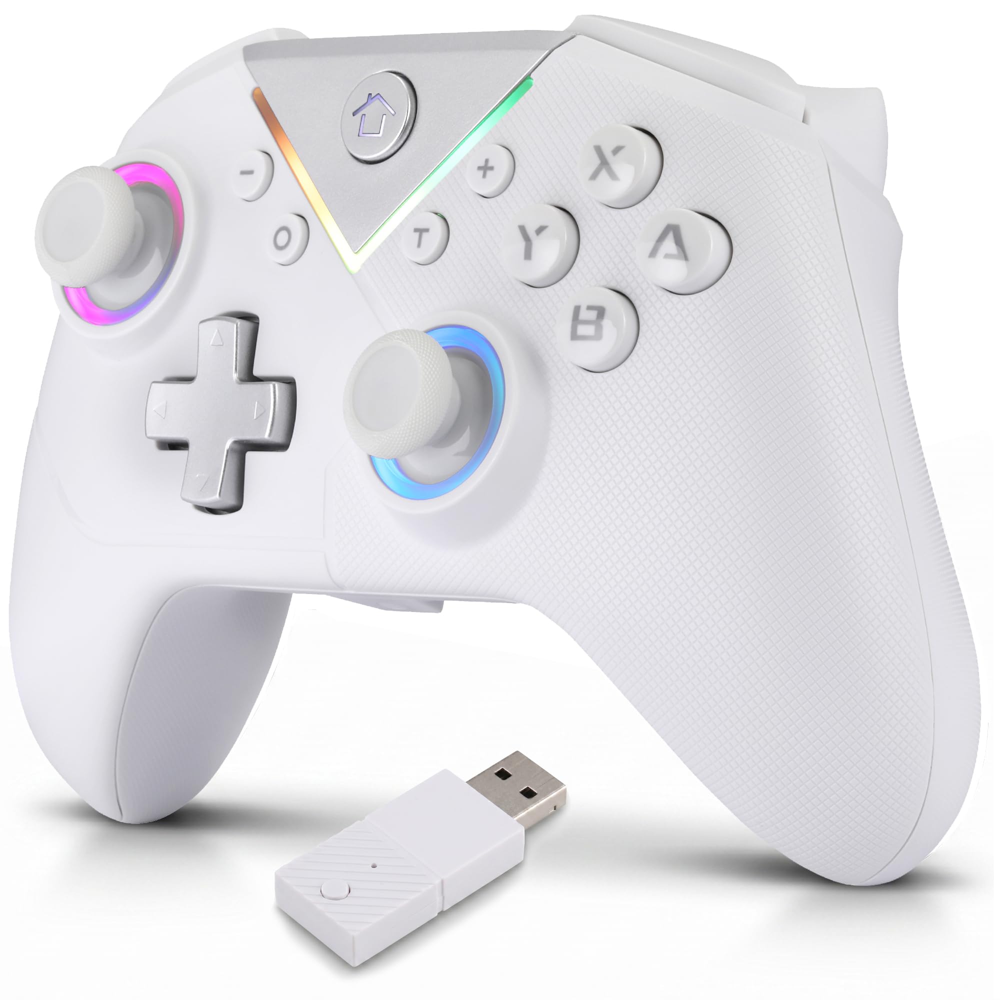 NK Wireless Bluetooth Controller for PC – Compatible with Switch/Smartphone Android and iOS, 2 Macro Buttons, Dual Vibration, 6 Axis, LED Lights, Black (White)