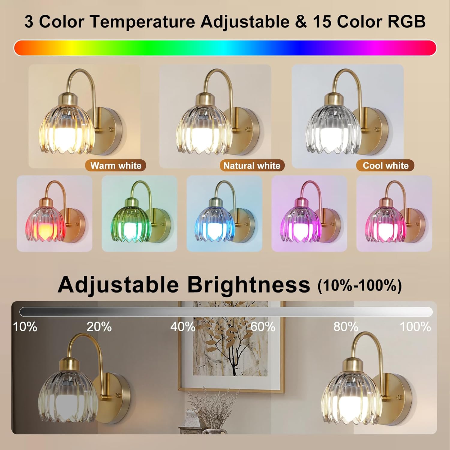 Cordless Wall Sconce Sets of 2, Tulip Glass Shades Rechargeable Battery Operated Wall Sconce, Retro Flower Gold Wall Lights Bathroom Vanity Sconces, Wall Mounted Lamps for Bedroom Living Room
