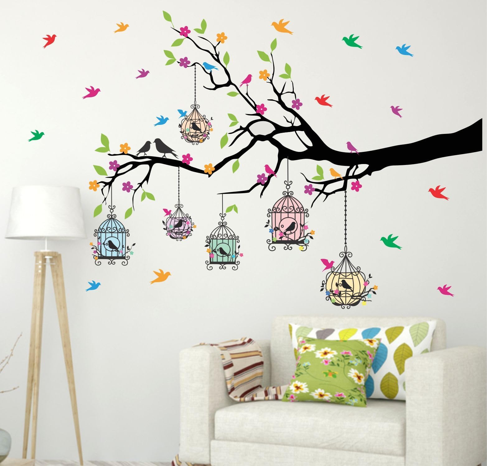 Sticker Yard PVC Vinyl Tree and Flowers Self-Adhesive Wall Sticker Size 127X84cms